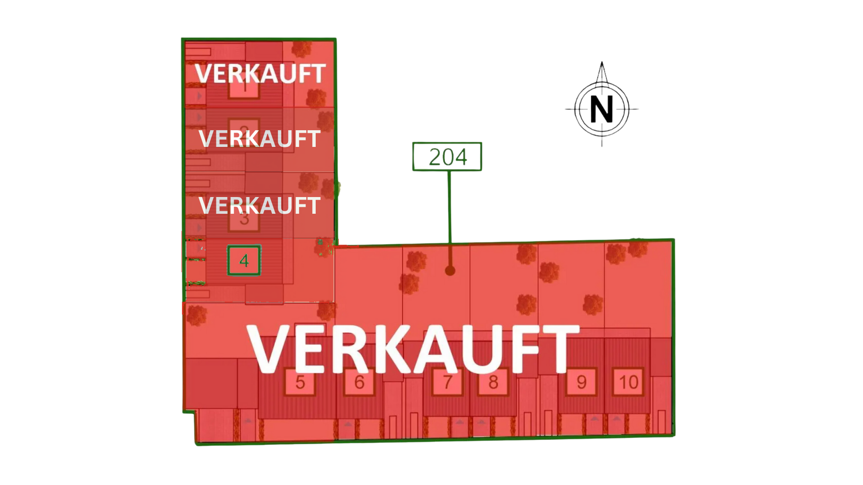 Lageplan des Baugebiets Flurstück 204: alle zehn Doppelhaushälften sind als verkauft markiert